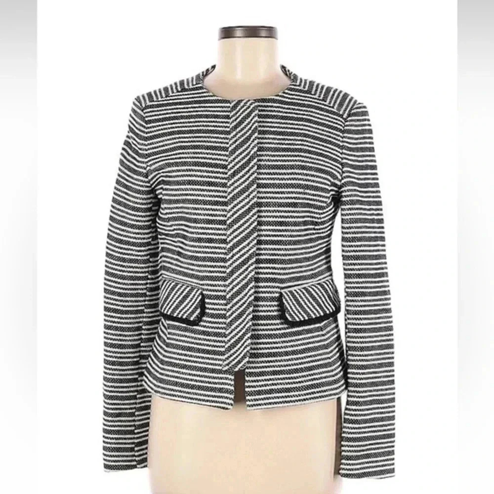 Helene London Navy Cream Black Stripe Cotton Tweed Blazer Jacket Size M Medium